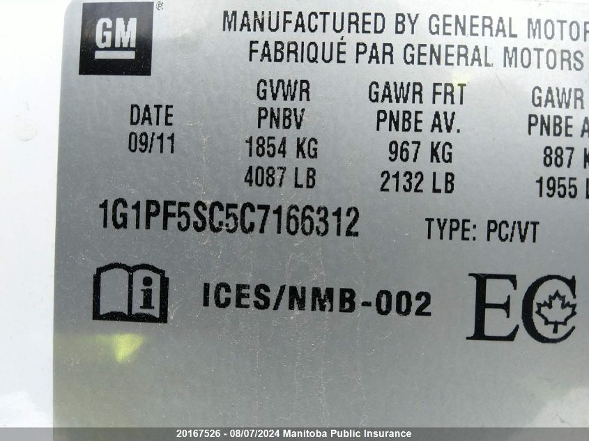 2012 Chevrolet Cruze Lt Turbo VIN: 1G1PF5SC5C7166312 Lot: 20167526