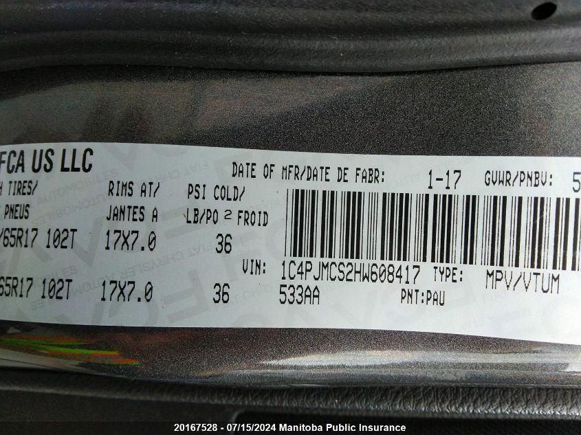 2017 Jeep Cherokee North VIN: 1C4PJMCS2HW608417 Lot: 20167528