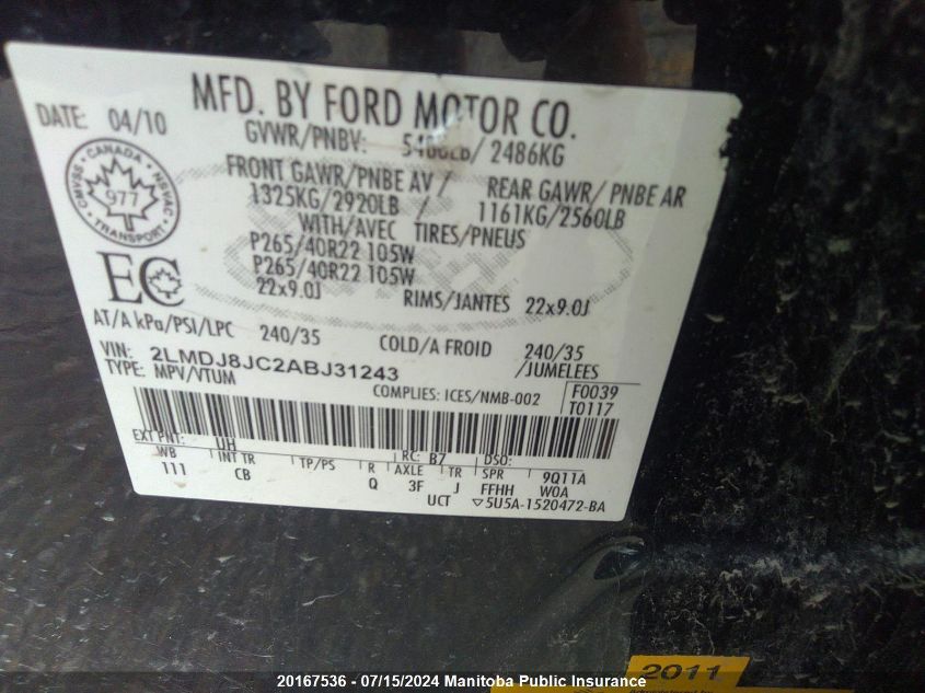 2010 Lincoln Mkx VIN: 2LMDJ8JC2ABJ31243 Lot: 20167536