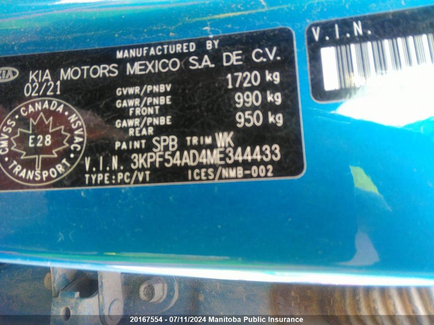 2021 Kia Forte Ex+ VIN: 3KPF54AD4ME344433 Lot: 20167554