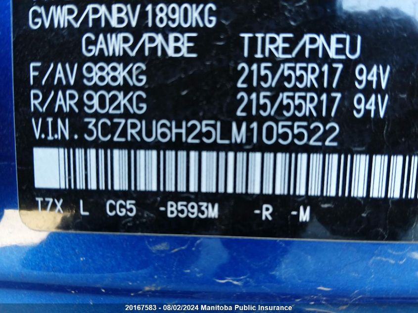 2020 Honda Hr-V Sport VIN: 3CZRU6H25LM105522 Lot: 20167583