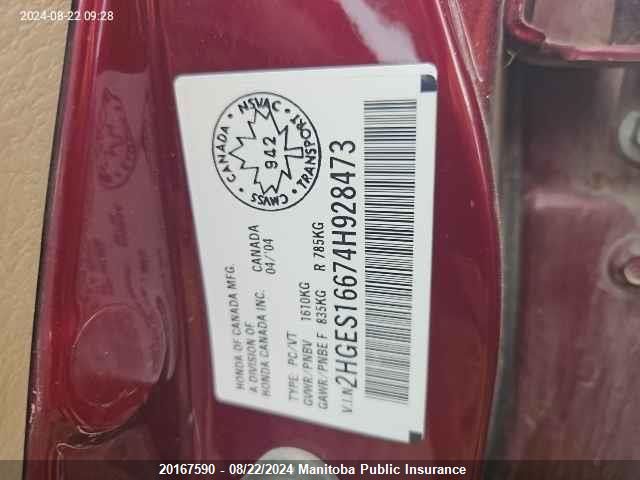 2004 Honda Civic Lx VIN: 2HGES16674H928473 Lot: 20167590