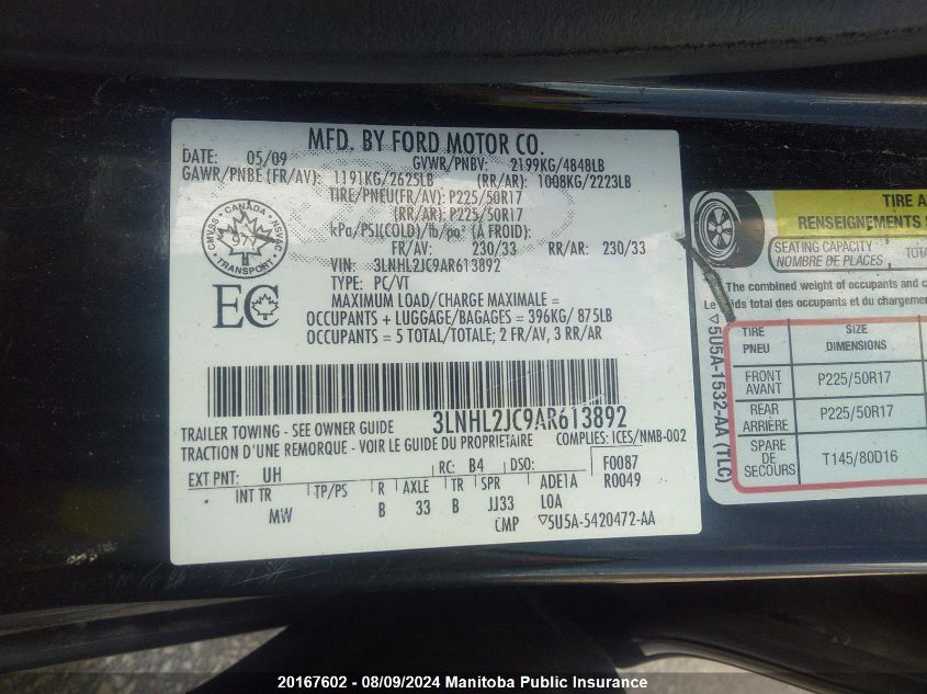 2010 Lincoln Mkz VIN: 3LNHL2JC9AR613892 Lot: 20167602