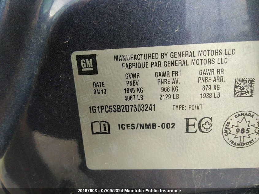 2013 Chevrolet Cruze Lt Turbo VIN: 1G1PC5SB2D7303241 Lot: 20167608