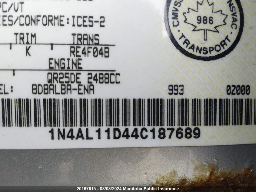 2004 Nissan Altima 2.5 S VIN: 1N4AL11D44C187689 Lot: 20167615