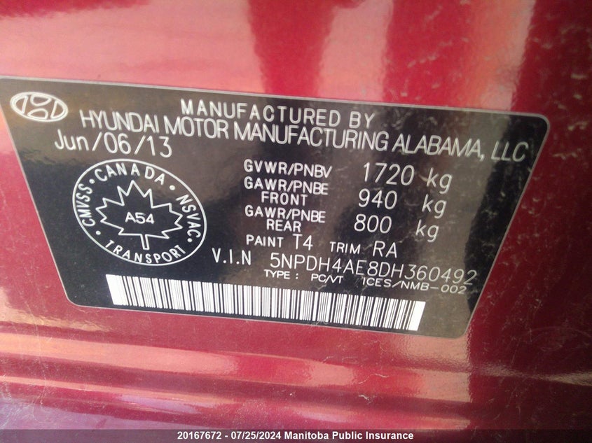 2013 Hyundai Elantra Gls VIN: 5NPDH4AE8DH360492 Lot: 20167672