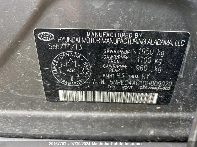 2013 Hyundai Sonata Limited VIN: 5NPEC4AC1DH809920 Lot: 20167703