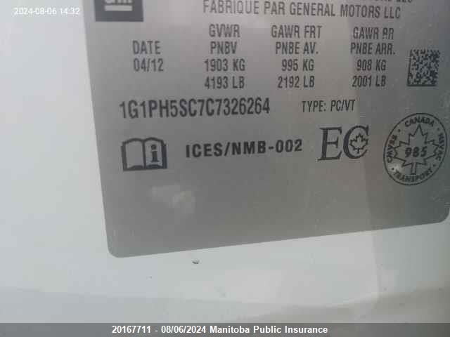 2012 Chevrolet Cruze Ltz Turbo VIN: 1G1PH5SC7C7326264 Lot: 20167711