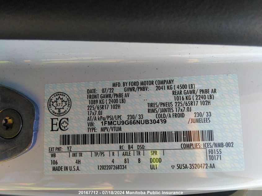 2022 Ford Escape Se VIN: 1FMCU9G66NUB30439 Lot: 20167712