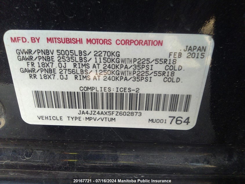 2015 Mitsubishi Outlander Gt VIN: JA4JZ4AX5FZ602873 Lot: 20167721