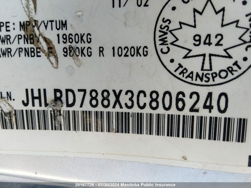 2003 Honda Cr-V VIN: JHLRD788X3C806240 Lot: 20167726