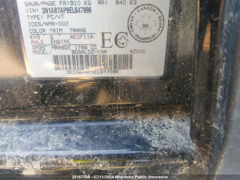 2014 Nissan Sentra 1.8 Sv VIN: 3N1AB7AP9EL647996 Lot: 20167758