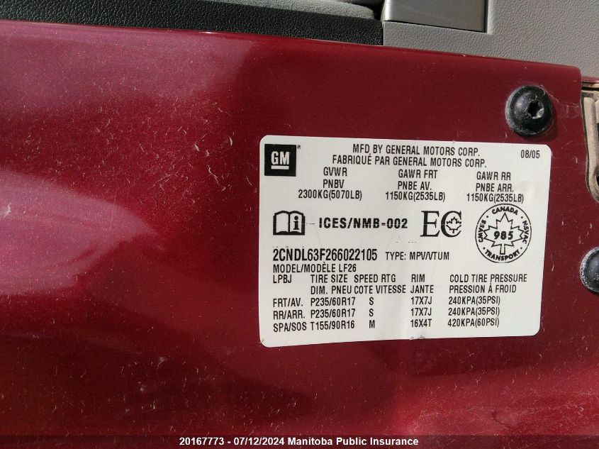 2006 Chevrolet Equinox Lt V6 VIN: 2CNDL63F266022105 Lot: 20167773