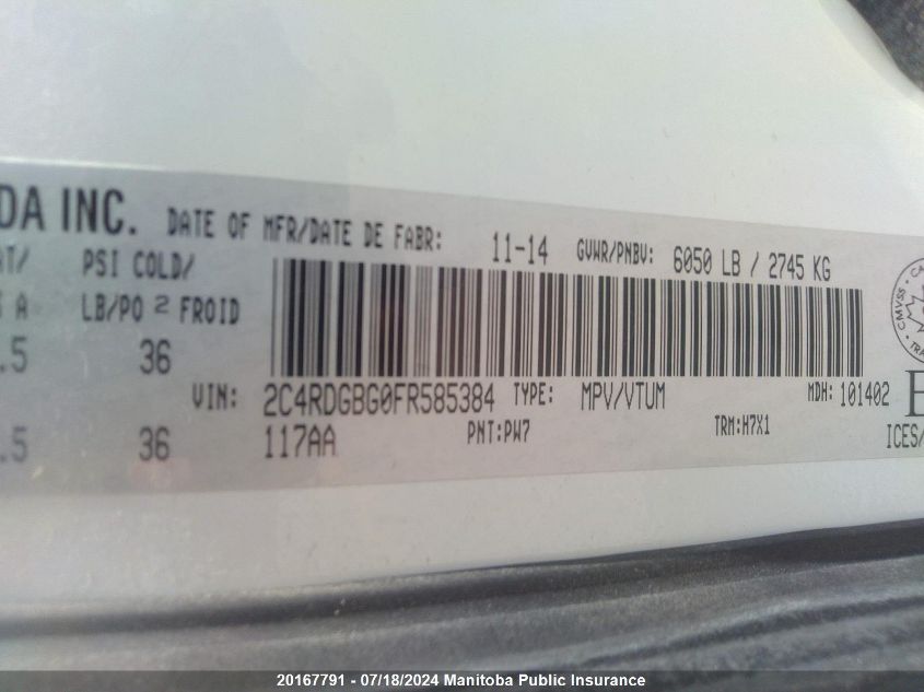 2015 Dodge Grand Caravan Sxt VIN: 2C4RDGBG0FR585384 Lot: 20167791