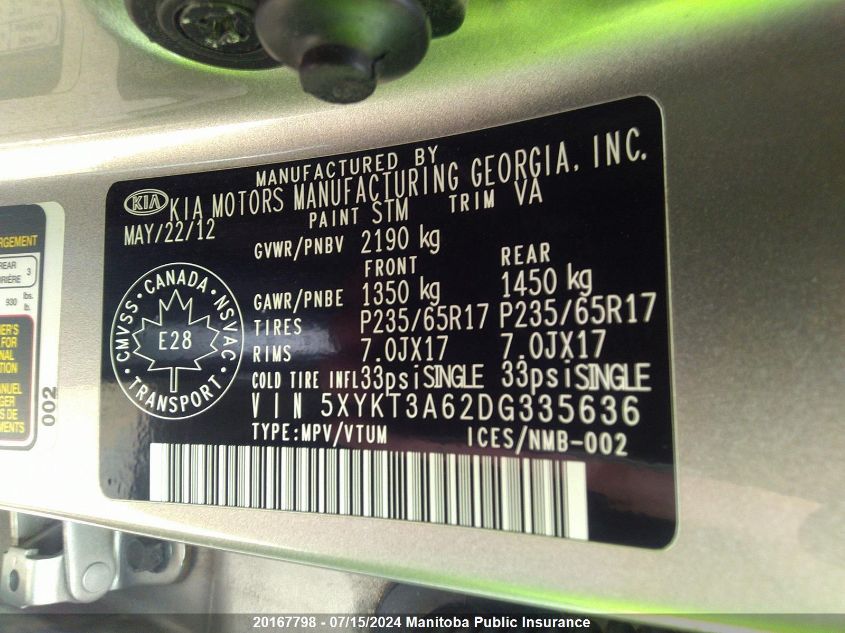 2013 Kia Sorento Lx VIN: 5XYKT3A62DG335636 Lot: 20167798