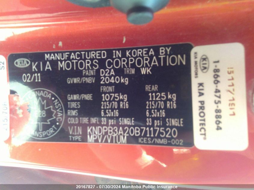 2011 Kia Sportage Lx VIN: KNDPB3A20B7117520 Lot: 20167827
