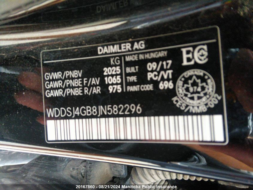 2018 Mercedes Benz Cla250 4Matic VIN: WDDSJ4GB8JN582296 Lot: 20167860