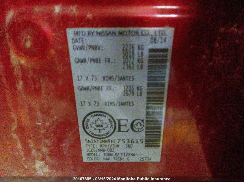 2015 Nissan Rogue Sv VIN: 5N1AT2MM9FC753615 Lot: 20167885