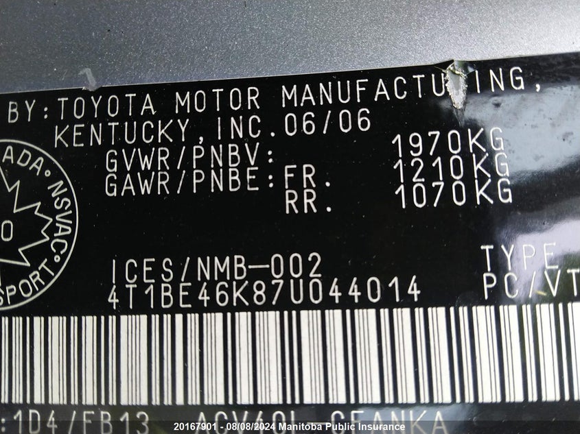 2007 Toyota Camry Ce VIN: 4T1BE46K87U044014 Lot: 20167901