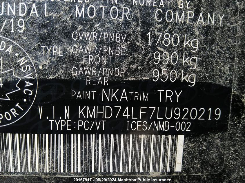 2020 Hyundai Elantra Essential VIN: KMHD74LF7LU920219 Lot: 20167917