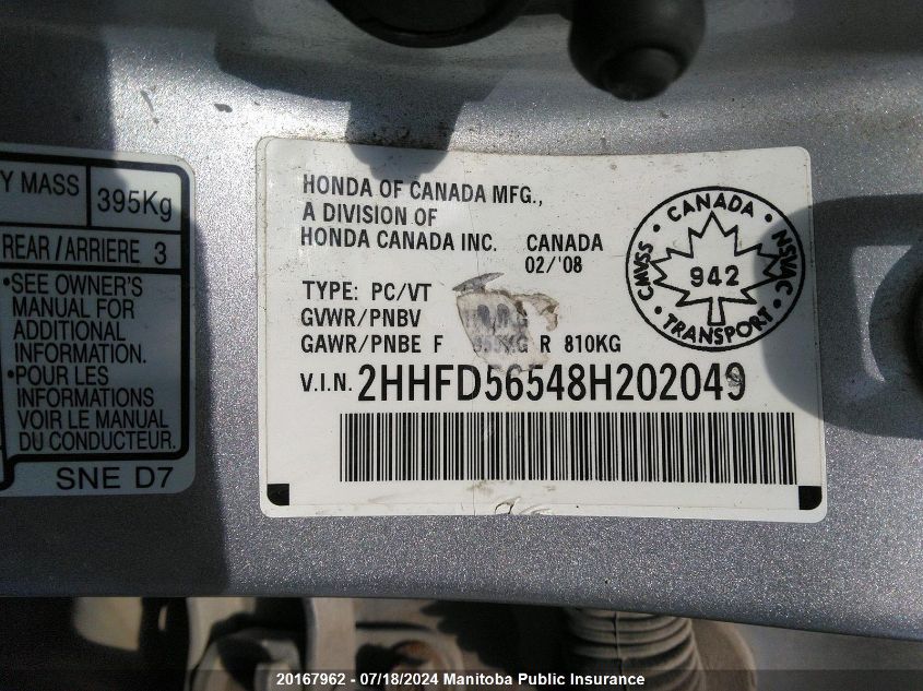 2008 Acura Csx VIN: 2HHFD56548H202049 Lot: 20167962