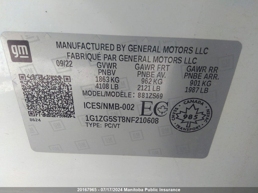 2022 Chevrolet Malibu Rs VIN: 1G1ZG5ST8NF210608 Lot: 20167965