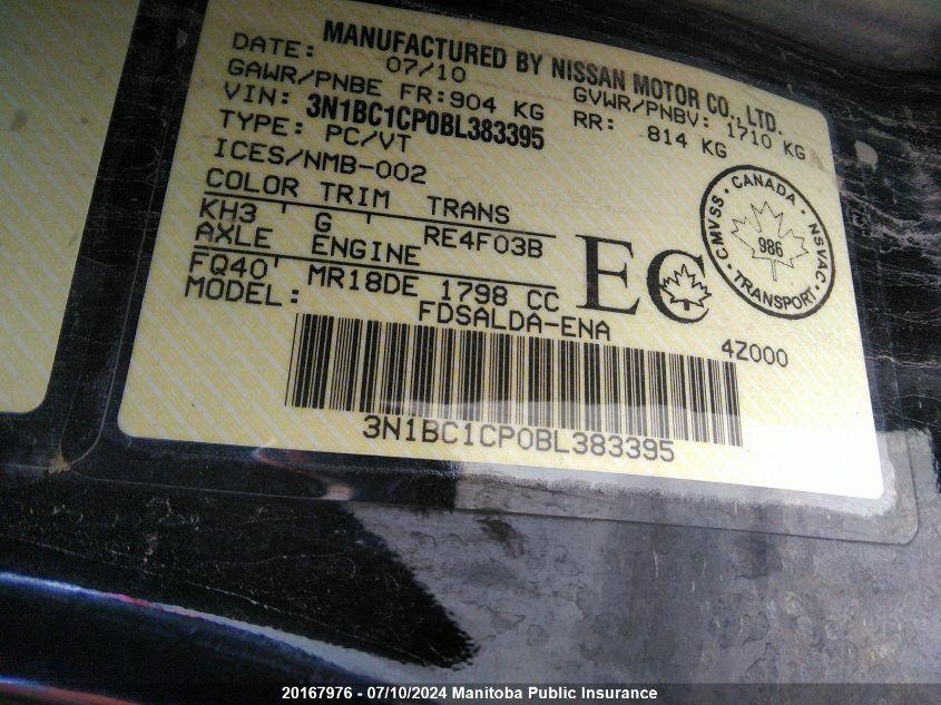 2011 Nissan Versa 1.8 S VIN: 3N1BC1CP0BL383395 Lot: 20167976