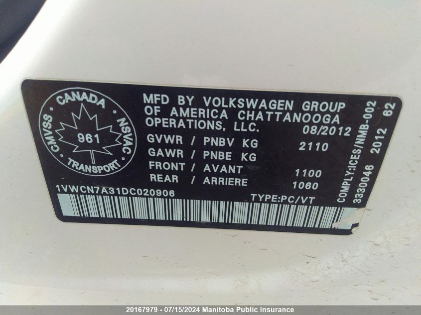 2013 Volkswagen Passat 2.0 Tdi VIN: 1VWCN7A31DC020906 Lot: 20167979