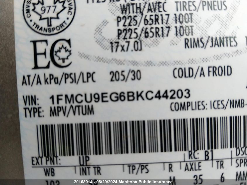 2011 Ford Escape Limited V6 VIN: 1FMCU9EG6BKC44203 Lot: 20168014