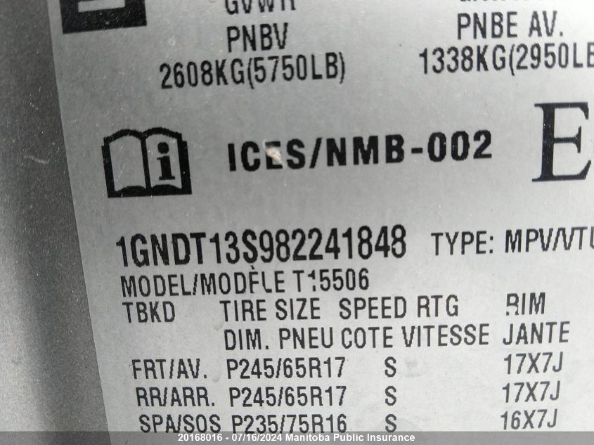 2008 Chevrolet Trailblazer Lt VIN: 1GNDT13S982241848 Lot: 20168016