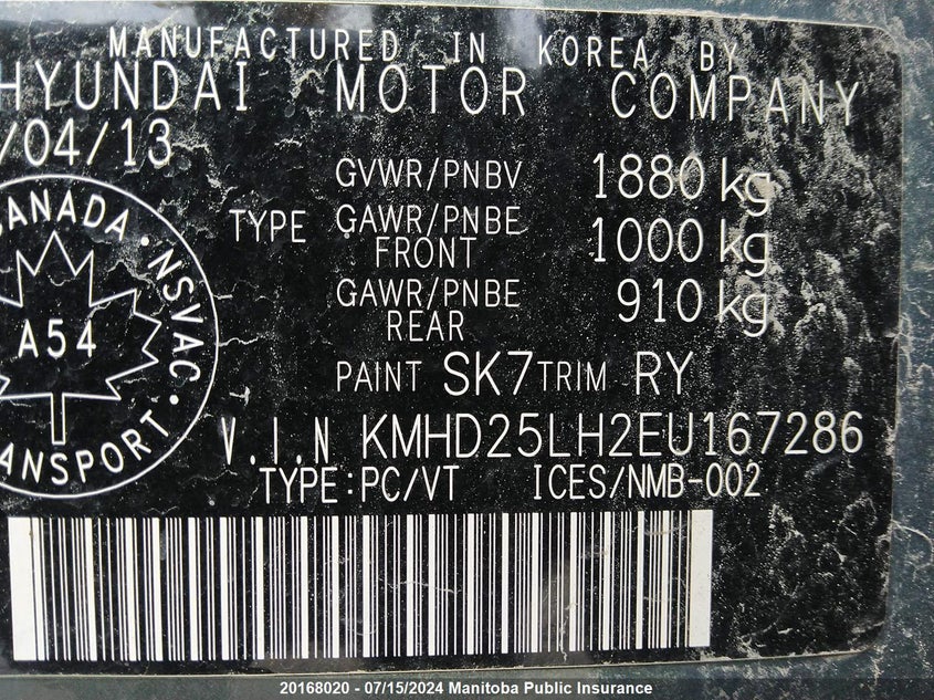 2014 Hyundai Elantra Gt Gl VIN: KMHD25LH2EU167286 Lot: 20168020