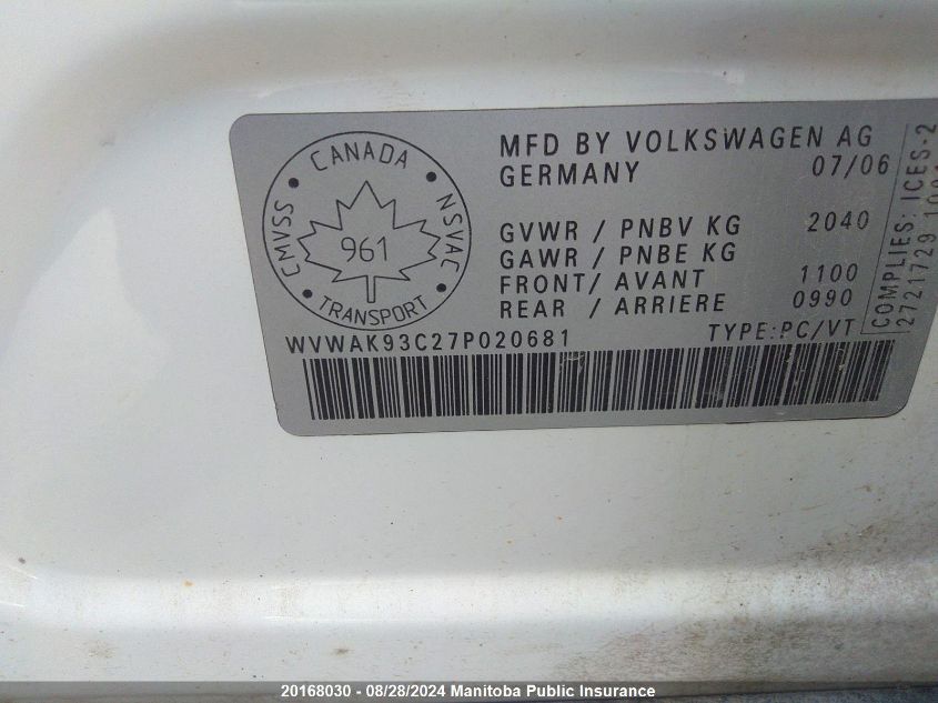 2007 Volkswagen Passat 2.0T VIN: WVWAK93C27P020681 Lot: 20168030