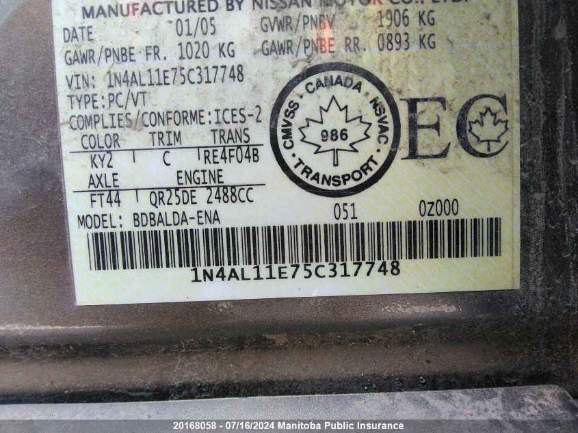 2005 Nissan Altima 2.5 Sl VIN: 1N4AL11E75C317748 Lot: 20168058