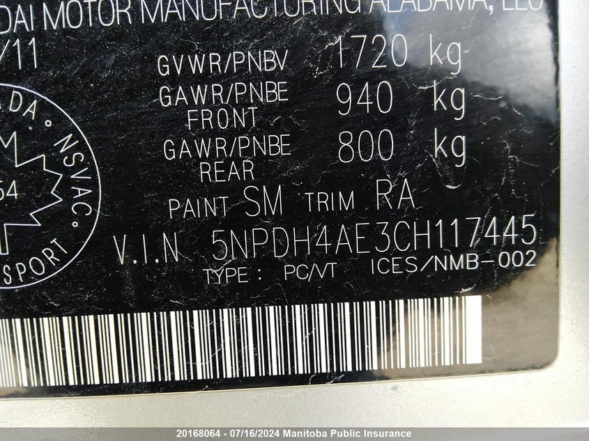 2012 Hyundai Elantra Gl VIN: 5NPDH4AE3CH117445 Lot: 20168064