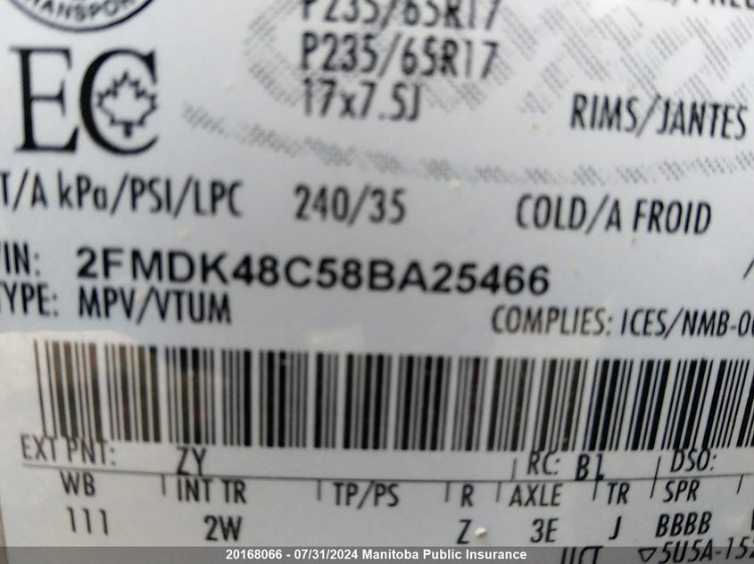 2008 Ford Edge Sel VIN: 2FMDK48C58BA25466 Lot: 20168066