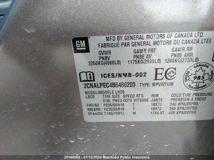 2011 Chevrolet Equinox Lt VIN: 2CNALPEC4B6480203 Lot: 20168069