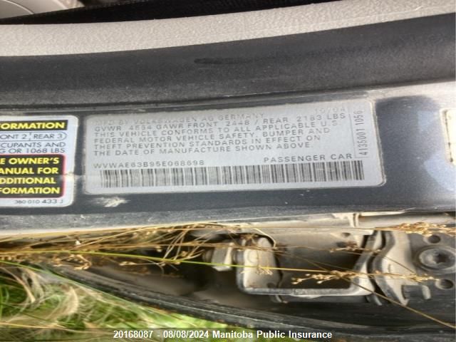 2005 Volkswagen Passat Gls VIN: WVWAE63B95E068698 Lot: 20168087