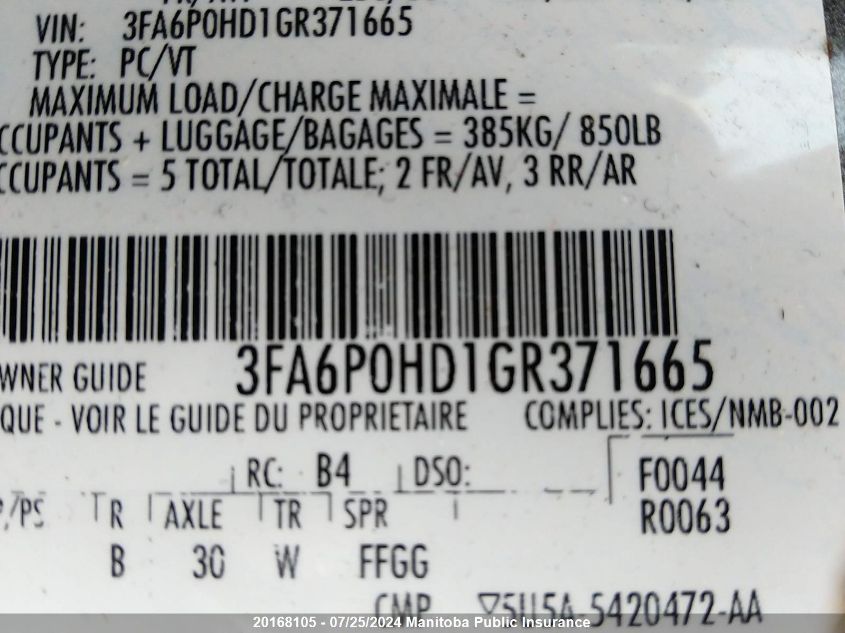 2016 Ford Fusion Se VIN: 3FA6P0HD1GR371665 Lot: 20168105