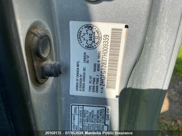 2007 Honda Civic Ex VIN: 2HGFG12837H009359 Lot: 20168135