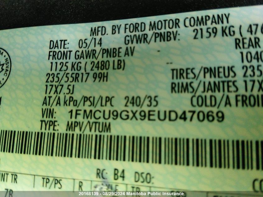 2014 Ford Escape Se VIN: 1FMCU9GX9EUD47069 Lot: 20168139