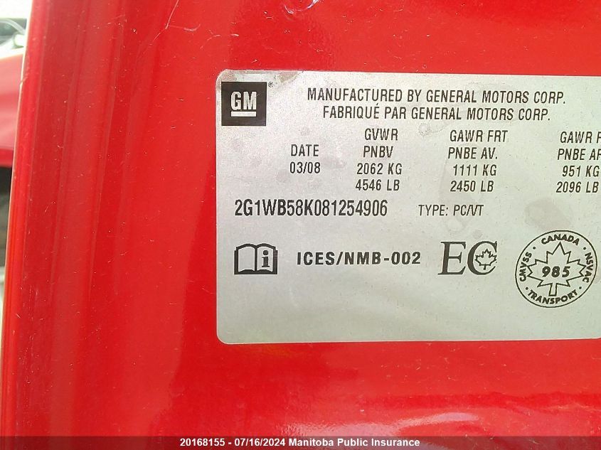 2008 Chevrolet Impala Ls V6 VIN: 2G1WB58K081254906 Lot: 20168155