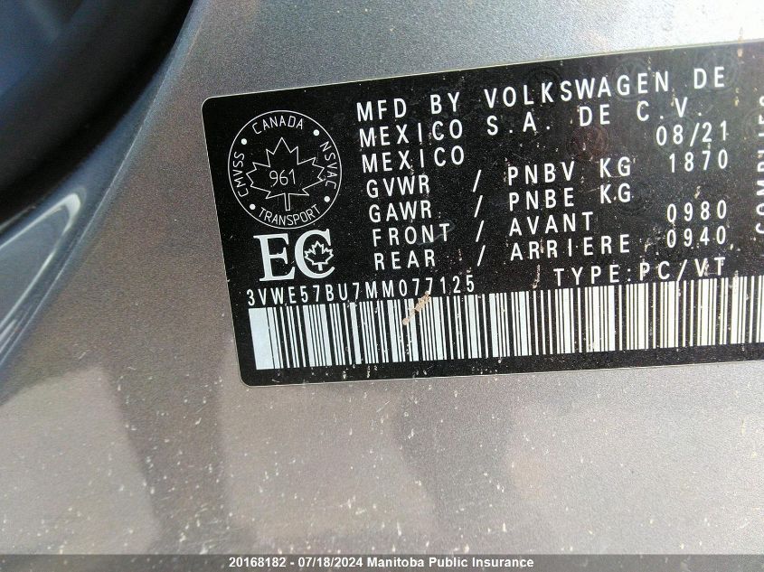 2021 Volkswagen Jetta Highline 1.4 Tsi VIN: 3VWE57BU7MM077125 Lot: 20168182