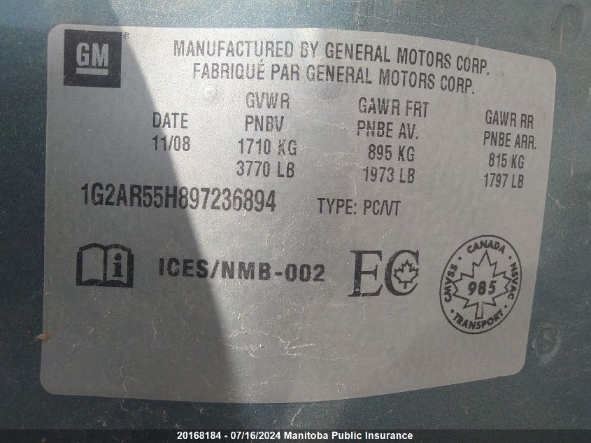 2009 Pontiac G5 VIN: 1G2AR55H897236894 Lot: 20168184