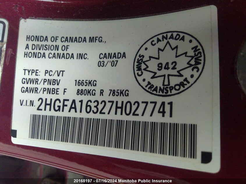 2007 Honda Civic Dx-G VIN: 2HGFA16327H027741 Lot: 20168197