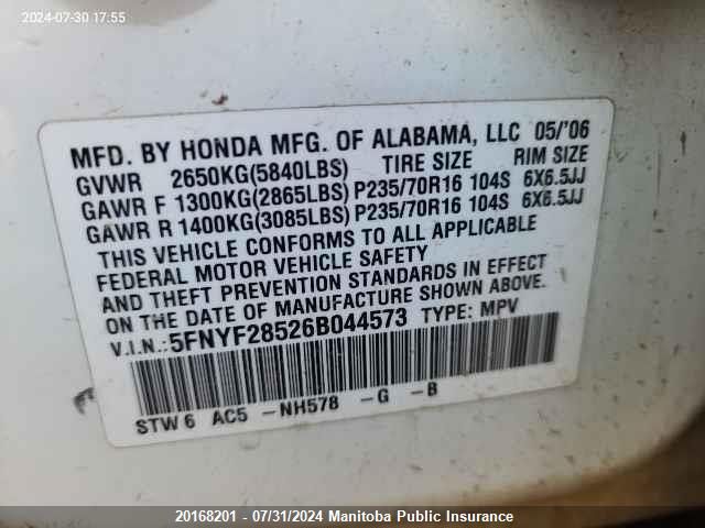 2006 Honda Pilot Ex-L VIN: 5FNYF28526B044573 Lot: 20168201