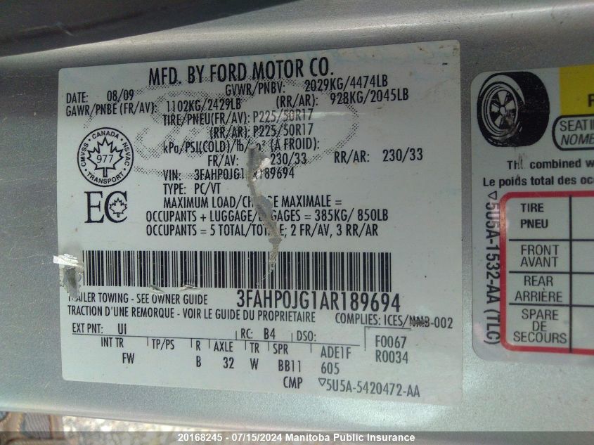 2010 Ford Fusion Sel V6 VIN: 3FAHP0JG1AR189694 Lot: 20168245