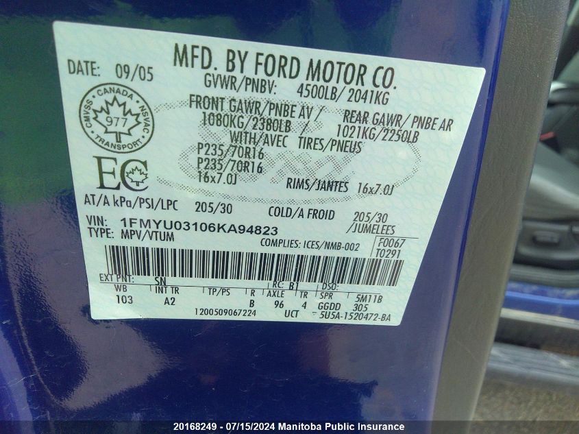 2006 Ford Escape Xlt V6 VIN: 1FMYU03106KA94823 Lot: 20168249