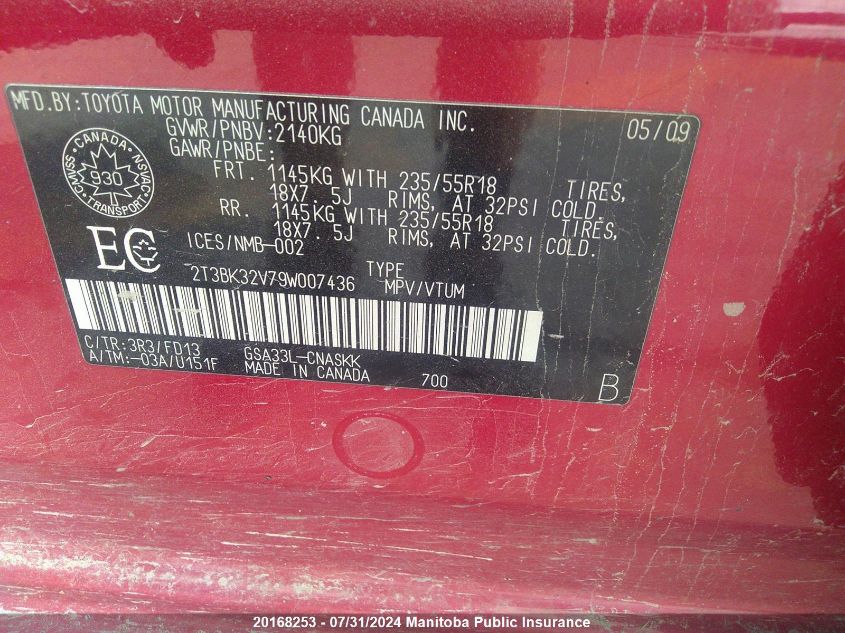 2009 Toyota Rav4 Sport V6 VIN: 2T3BK32V79W007436 Lot: 20168253