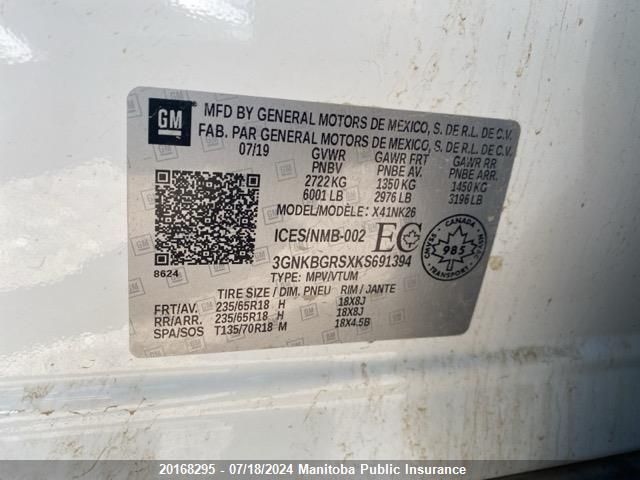 2019 Chevrolet Blazer VIN: 3GNKBGRSXKS691394 Lot: 20168295