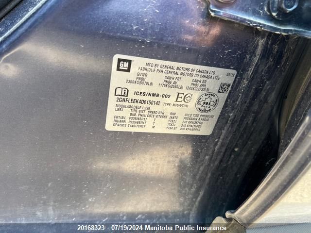 2013 Chevrolet Equinox Lt VIN: 2GNFLEEK4D6150142 Lot: 20168323